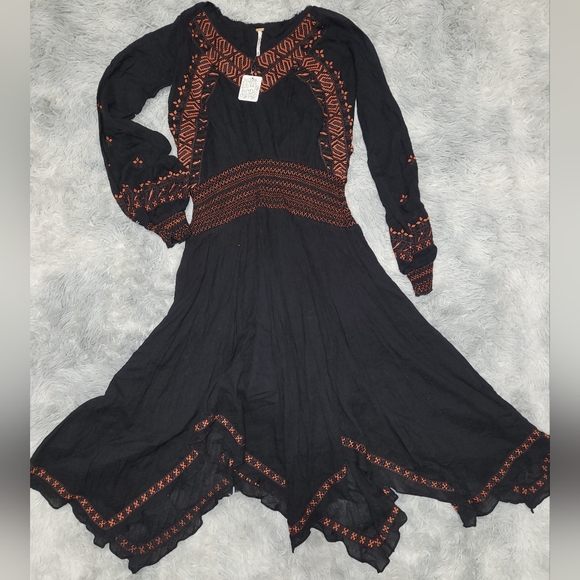 Free People Black Embroidered Boho Midi Handkerchief Hem Peasant Dress, XS - Picture 1 of 5
